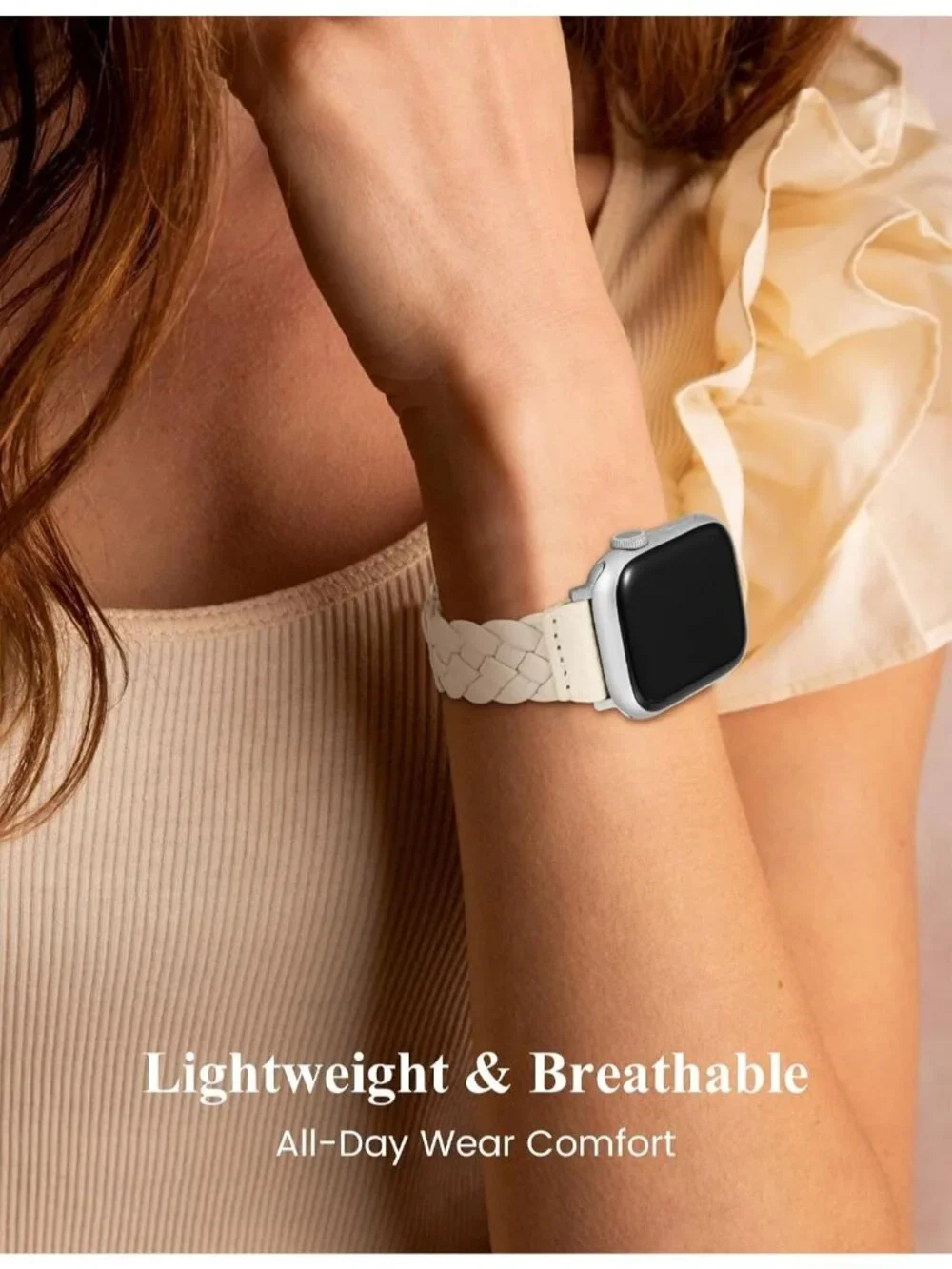 Women's Starlight/Silver Braided Leather Strap Compatible with Apple Wrist Watch